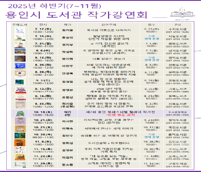 용인특례시, 하반기 도서관 작가강연회 개최