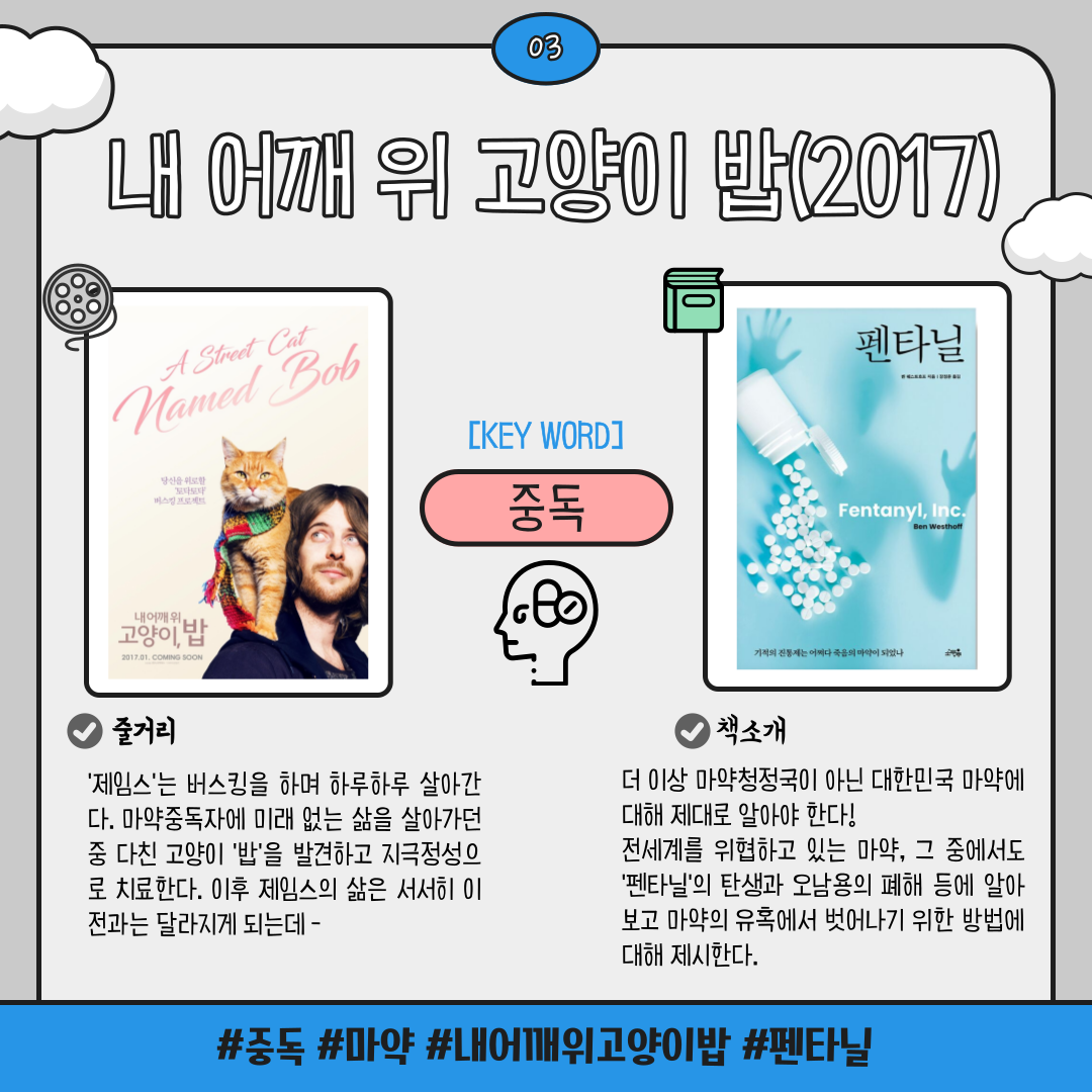 03 내 어깨 위 고양이 밥 2017
KEY WORD 중독
A Street Cat
Named Bob
내 어깨 위 고양이 밥
줄거리
제임스는 버스킹을 하며 하루하루 살아간다. 마약중독자에 미래 없는 삶을 살아가던 중 다친 고양이 밥을 발견하고 지극정성으 로 치료한다. 이후 제임스의 삶은 서서히 이 전과는 달라지게 되는데
펜타닐
책소개
더 이상 마약청정국이 아닌 대한민국 마약에 대해 제대로 알아야 한다!
전세계를 위협하고 있는 마약, 그 중에서도 펜타닐의 탄생과 오남용의 폐해 등에 알아 보고 마약의 유혹에서 벗어나기 위한 방법에 대해 제시한다.
중독 마약  내어깨위고양이밥 펜타닐