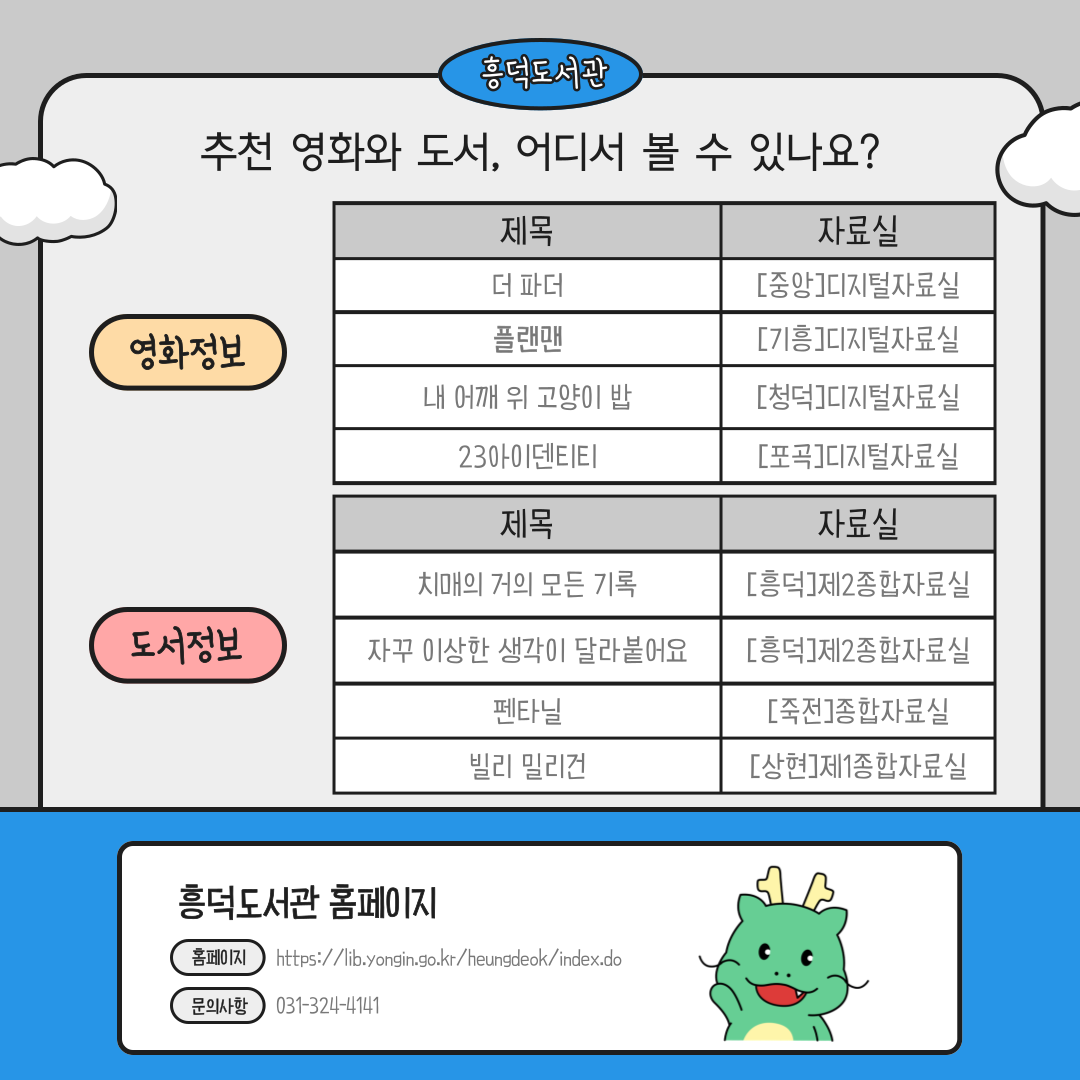 흥덕도서관
추천 영화와 도서, 어디서 볼 수 있나요?
영화정보
제목 더파더 자료실 중앙 디지털자료실
제목 플랜맨 자료실 기흥 디지털자료실
제목 내 어깨 위 고양이 밥 자료실 청덕 디지털자료실
제목 23아이덴티티 자료실 포곡 디지털자료실
도서정보
제목 치매의 거의 모든 기록 자료실 흥덕 제2종합자료실
제목 자꾸 이상한 생각이 달라붙어요 자료실 흥덕 제2종합자료실
재목 펜타닐 자료실 죽전 종합자료실
제목 빌리 밀리건 자료실 상현 제1종합자료실

흥덕도서관 홈페이지
홈페이지
https://lib.yongin.go.kr/heungdeok/index.do
문의사항 031-324-4141