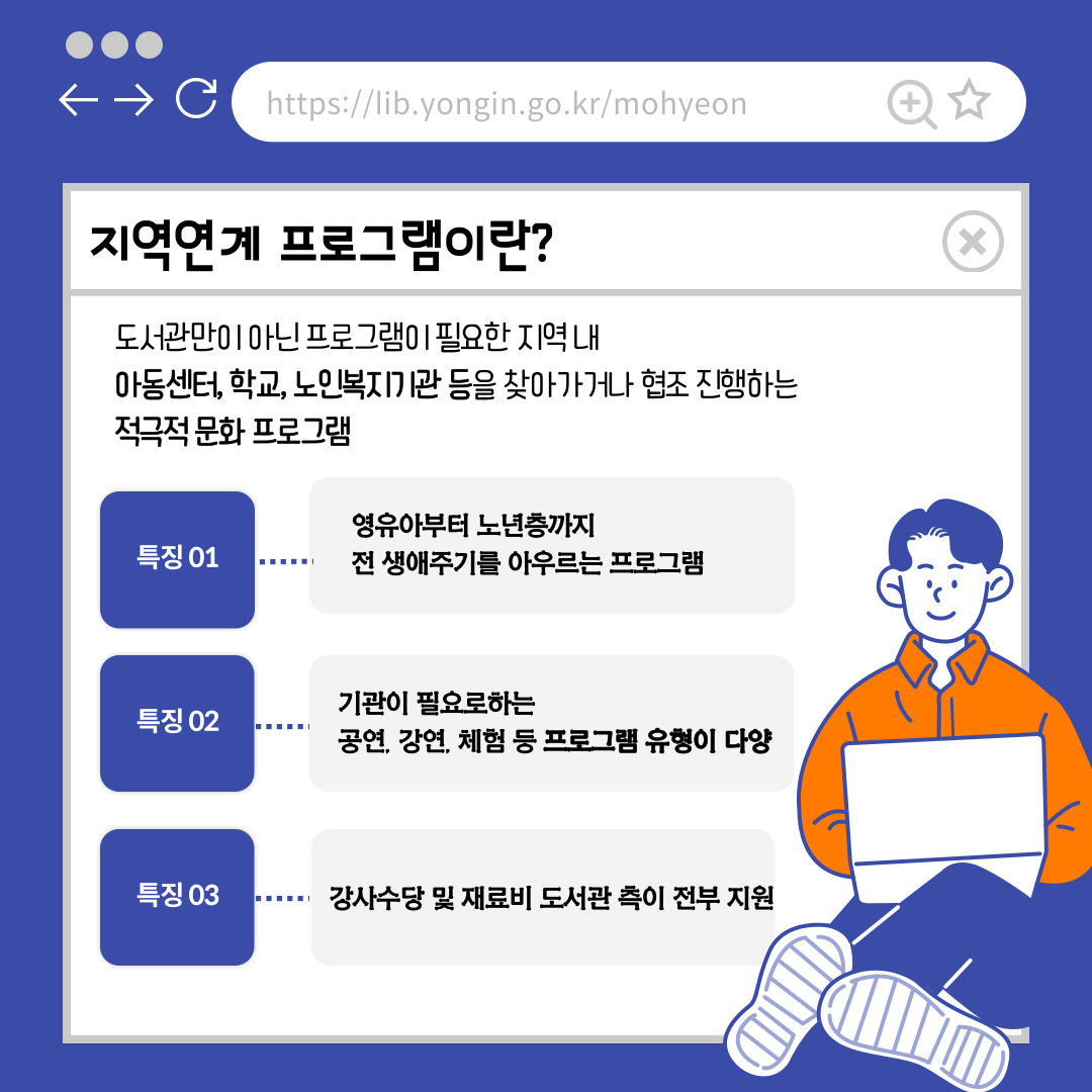 https://lib.yongin.go.kr/mohyeon
지역연계 프로그램이란?
도서관만이 아닌 프로그램이 필요한 지역 내 아동센터, 학교, 노인복지기관 등을 찾아가거나 협조 진행하는 적극적 문화 프로그램
특징 01 영유아부터 노년층까지 전 생애주기를 아우르는 프로그램
특징 02 기관이 필요로하는 공연, 강연, 체험 등 프로그램 유형이 다양
특징 03 강사수당 및 재료비 도서관 측이 전부 지원