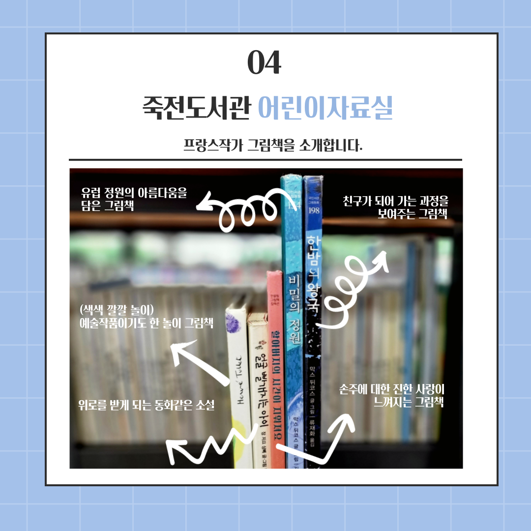 04
죽전도서관 어린이자료실
프랑스작가 그림책을 소개합니다.
유럽 정원의 아름다움을 담은 그림책 비밀의 정원
친구가 되어 가는 과정을 보여주는 그림책 한밤의 왕국
예술작품이기도 한 놀이 그림책 색색깔깔 놀이
위로를 받게 되는 동화같은 소설 얼굴 빨개지는 아이
할아버지의 시간이 지워져요!
손주에 대한 진한 사랑이
느껴지는 그림책