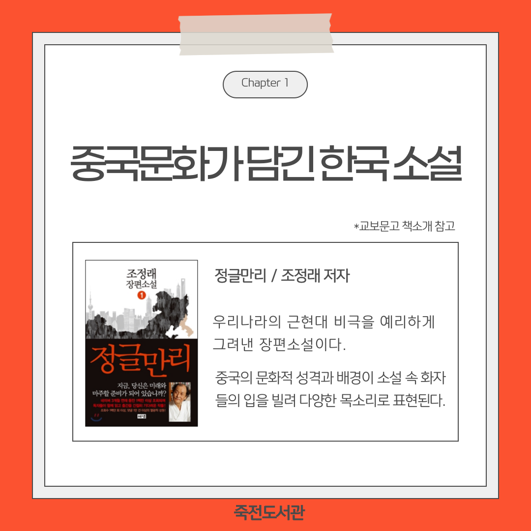 Chapter 1
중국문화가 담긴한국소설
교보문고 책소개 참고
조정래 장편소설 1 정글만리
지금 당신은 미래와 마주할 준비가 되어 있습니까? 네이버 3개 이상 독자들이 함께 읽고 간절히 기다려온 작품
정글만리 / 조정래 저자
우리나라의 근현대 비극을 예리하게 그려낸 장편소설이다.
중국의 문화적 성격과 배경이 소설 속 화자 들의 입을 빌려 다양한 목소리로 표현된다.
죽전도서관