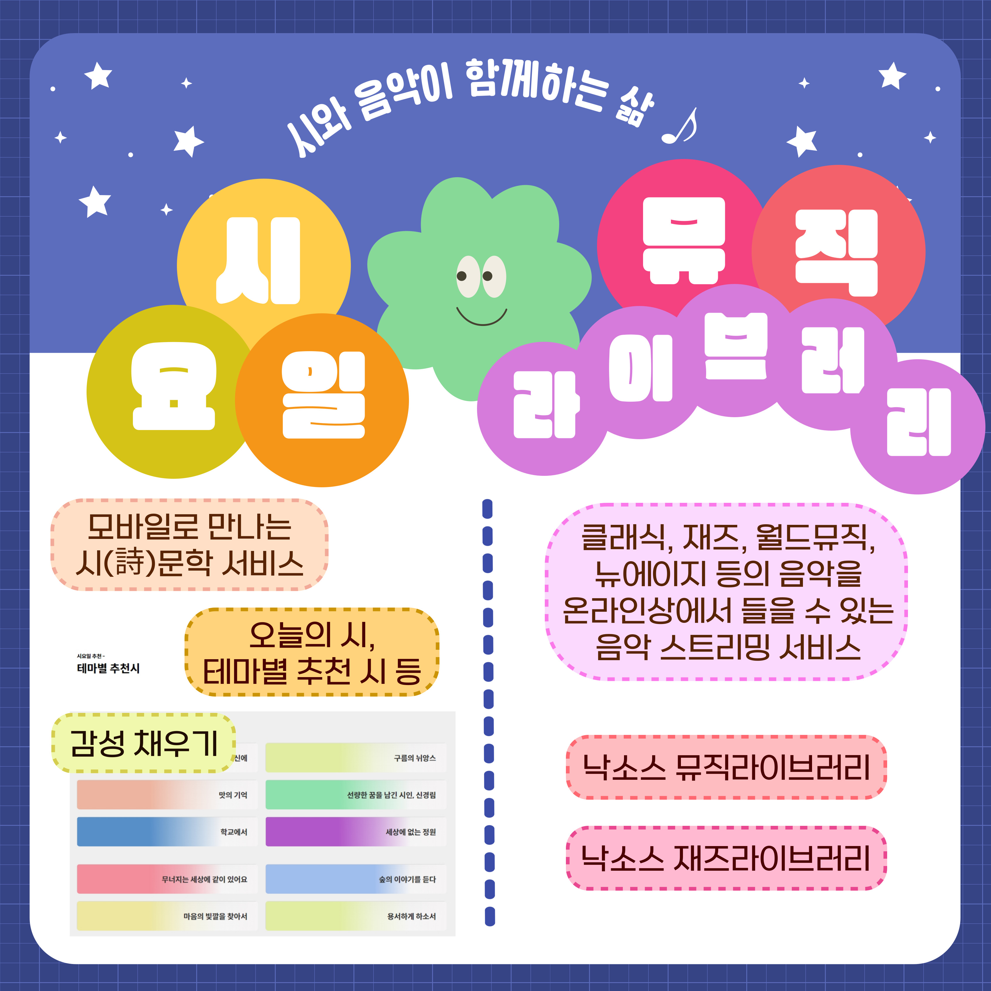 시와 음악이 함께하는 삶 : 시요일 / 뮤직라이브러리
시요일은 모바일로 만나는 시 詩 문학 서비스예요. 다양한 시를 볼 수 있어요.
오늘의 시 테마별 추천 시 등 감성 채우기
뮤직 라이브러리는 클래식, 재즈, 월드뮤직, 뉴에이지 등의 음악을 온라인상에서 들을 수 있는 음악 스트리밍 서비스예요.
낙소스 뮤직라이브러리, 낙소스재즈라이브러리