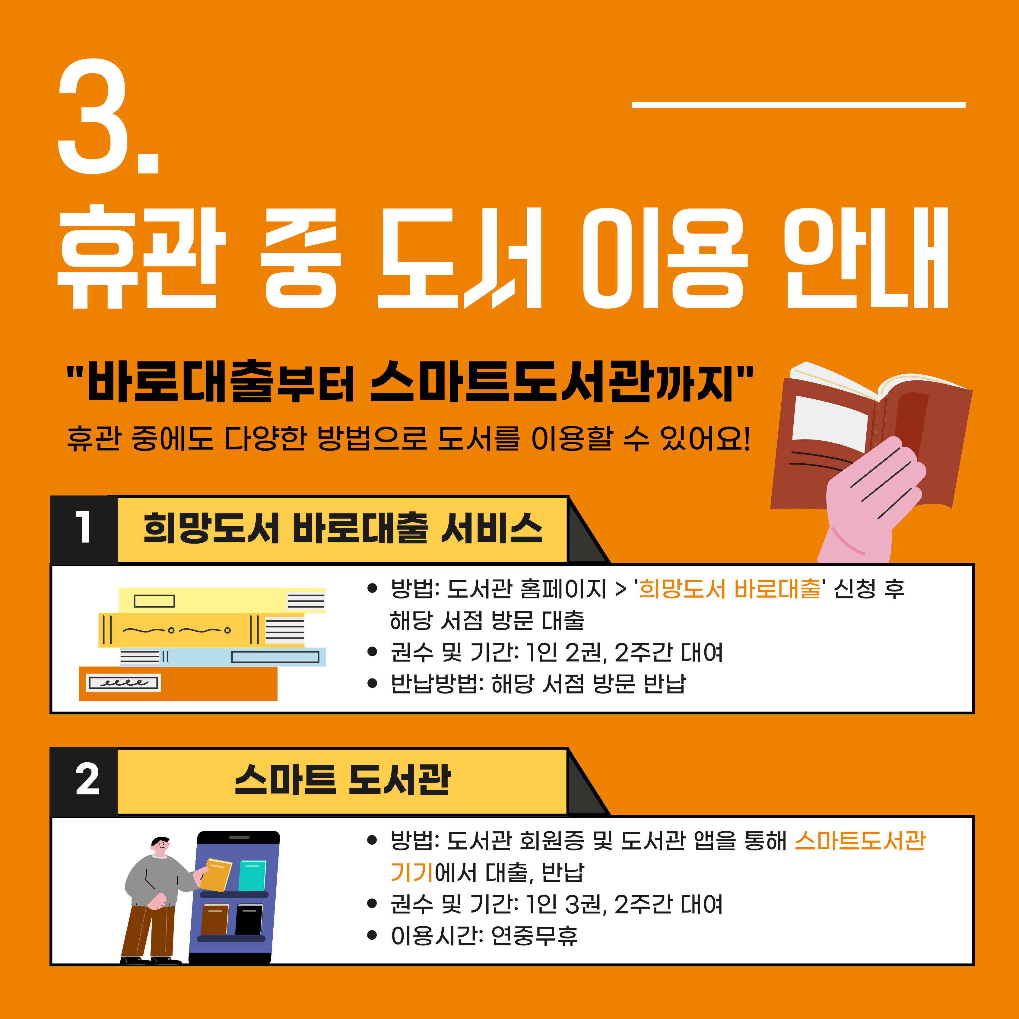 3. 휴관 중 도서 이용 안내
바로대출부터 스마트도서관까지
휴관 중에도 다양한 방법으로 도서를 이용할 수 있어요!
1 희망도서 바로대출 서비스
방법: 도서관 홈페이지 희망도서 바로대출 신청 후 해당 서점 방문 대출
권수 및 기간: 1인 2권, 2주간 대여
반납방법: 해당 서점 방문 반납
스마트 도서관
방법: 도서관 회원증 및 도서관 앱을 통해 스마트도서관 기기에서 대출, 반납
권수 및 기간: 1인 3권, 2주간 대여
이용시간: 연중무휴