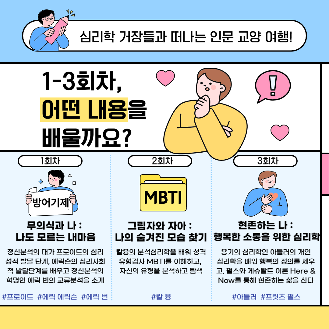 📚 『심리학 100년史, 14명의 학자를 만나다』

✨ 심리 특성화 상현도서관 인문교양 시리즈 ✨

상현도서관은 심리와 인문학이 만나는

심리 특성화 도서관으로서

깊이 있는 마음 탐구 프로그램을 선보이고 있습니다.

​

이번 시리즈에서는

100년 심리학의 흐름을 이끈 14명의 주요 심리학자들을 만나며,

각 이론을 삶 속에 적용해보는 체험형 수업을 준비했습니다.

필요한 회차만 골라 들을 수 있는 맞춤형 프로그램!

심리학 이론을 나만의 언어로 풀어내는 소중한 시간,

함께 하세요.

​

📅 수업 기간: 2025년 5월 15일 ~ 6월 19일 (매주 목요일)

🕙 수업 시간: 오전 10:00 ~ 12:00

📝 접수 시작: 2025년 5월 1일(목) 오전 10시부터

​

​

📍 상현도서관 홈페이지에서 신청 가능!

🌿 심리 특성화 상현도서관과 함께

당신만의 마음 여행을 시작해보세요.

많은 관심과 참여 부탁드립니다!