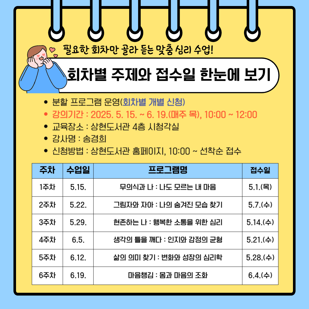 📚 『심리학 100년史, 14명의 학자를 만나다』

✨ 심리 특성화 상현도서관 인문교양 시리즈 ✨

상현도서관은 심리와 인문학이 만나는

심리 특성화 도서관으로서

깊이 있는 마음 탐구 프로그램을 선보이고 있습니다.

​

이번 시리즈에서는

100년 심리학의 흐름을 이끈 14명의 주요 심리학자들을 만나며,

각 이론을 삶 속에 적용해보는 체험형 수업을 준비했습니다.

필요한 회차만 골라 들을 수 있는 맞춤형 프로그램!

심리학 이론을 나만의 언어로 풀어내는 소중한 시간,

함께 하세요.

​

📅 수업 기간: 2025년 5월 15일 ~ 6월 19일 (매주 목요일)

🕙 수업 시간: 오전 10:00 ~ 12:00

📝 접수 시작: 2025년 5월 1일(목) 오전 10시부터

​

​

📍 상현도서관 홈페이지에서 신청 가능!

🌿 심리 특성화 상현도서관과 함께

당신만의 마음 여행을 시작해보세요.

많은 관심과 참여 부탁드립니다!