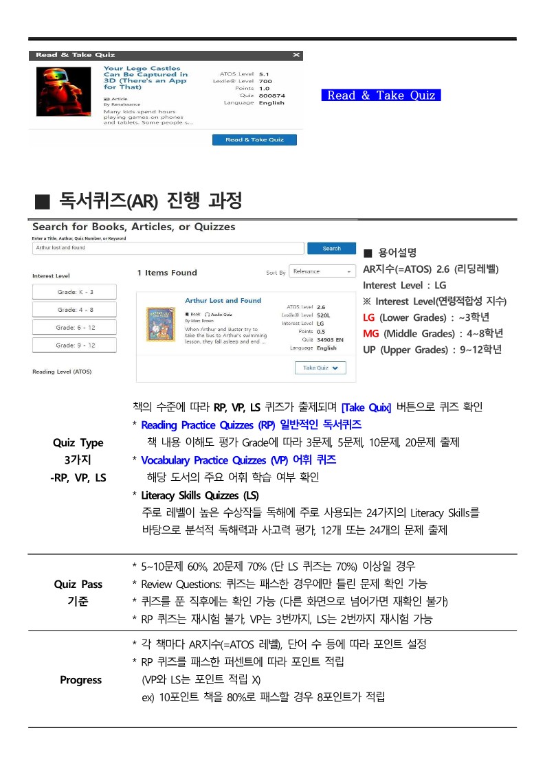  Read & Take Quiz Your Lego Castles Can Be Captured in 3D There's an App for That Article By Renaissance Many kids spend hours playing games on phones and tablets. Some people s... ATOS Level 5.1 Lexile® Level 700 Points 1.0 Quiz 800874 Language English Read & Take Quiz  독서퀴즈 AR 진행 과정 Search for Books, Articles, or Quizzes Enter a Title, Author Quiz Number, or Keyword Arthur lost and found Search Read & Take Quiz Interest Level Grade: K-3 Grade: 4-8 Grade: 6-12 Grade: 9-12 Reading Level (ATOS)  1 Items Found Sort By Relevance Arthur Lost and Found Book Audu Quiz By Marc Brown When Arthur and Buster try to take the bus to Arthur's swimming lesson, they fall asleep and end...  ATOS level 2.6 Lexile00 Level 520L Interest Level LG Points 0.5 Quiz 34903 EN Language English 용어설명 AR지수=ATOS 2.6 리딩레벨 Interest Level LG Interest Level 연령적합성 지수 LG Lower Grades : ~3학년 MG Middle Grades: 4~8학년 UP Upper Grades : 9~12학년  Quiz Type 3가지 RP, VP, LS  책의 수준에 따라 RP, VP, LS 퀴즈가 출제되며 Take Quix 버튼으로 퀴즈 확인 Reading Practice Quizzes RP 일반적인 독서퀴즈 책 내용 이해도 평가 Grade에 따라 3문제, 5문제, 10문제, 20문제 출제 Vocabulary Practice Quizzes VP 어휘 퀴즈 해당 도서의 주요 어휘 학습 여부 확인 Literacy Skills Quizzes LS 주로 레벨이 높은 수상작들 독해에 주로 사용되는 24가지의 Literacy Skills를 바탕으로 분석적 독해력과 사고력 평가, 12개 또는 24개의 문제 출제 Quiz Pass 기준 5~10문제 60%, 20문제 70% 단 LS 퀴즈는 70% 이상일 경우 Review Questions: 퀴즈는 패스한 경우에만 틀린 문제 확인 가능 퀴즈를 푼 직후에는 확인 가능 다른 화면으로 넘어가면 재확인 불가 RP 퀴즈는 재시험 불가, VP는 3번까지, LS는 2번까지 재시험 가능 각 책마다 AR지수=ATOS 레벨, 단어 수 등에 따라 포인트 설정 RP 퀴즈를 패스한 퍼센트에 따라 포인트 적립 VP와 LS는 포인트 적립 X ex 10포인트 책을 80%로 패스할 경우 8포인트가 적립