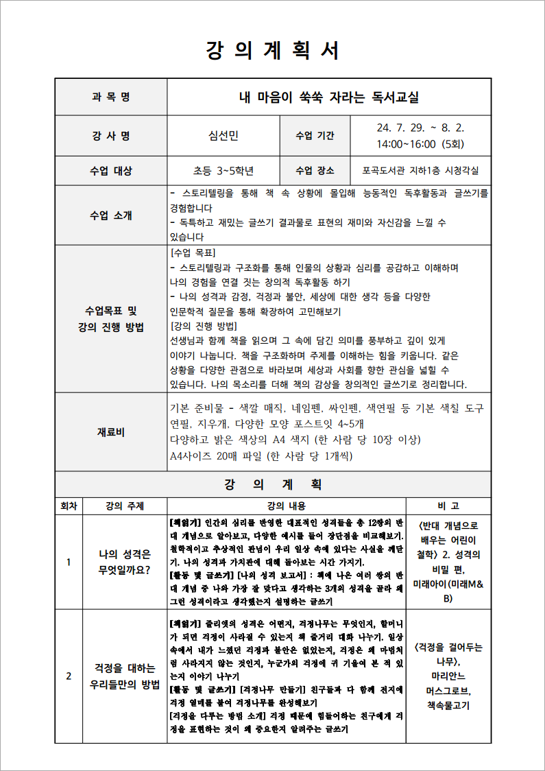 강의계획서 과목명 내 마음이 쑥쑥 자라는 독서교실 수업기간 24. 7. 29. ~ 8. 2. 14:00-16:00 5회 강사명 심선민 수업 대상 초등 3~5학년 수업 장소 포곡도서관 지하1층 시청각실 수업소개 스토리텔링을 통해 책 속 상황에 몰입해 능동적인 독후활동과 글쓰기를 경험합니다 독특하고 재밌는 글쓰기 결과물로 표현의 재미와 자신감을 느낄 수 있습니다 수업목표 및 강의 진행 방법 수업 목표 스토리텔링과 구조화를 통해 인물의 상황과 심리를 공감하고 이해하며 나의 경험을 연결 짓는 창의적 독후활동 하기 나의 성격과 감정, 걱정과 불안, 세상에 대한 생각 등을 다양한 인문학적 질문을 통해 확장하여 고민해보기 강의 진행 방법 선생님과 함께 책을 읽으며 그 속에 담긴 의미를 풍부하고 깊이 있게 이야기 나눕니다.  책을 구조화하며 주제를 이해하는 힘을 키웁니다.  같은 상황을 다양한 관점으로 바라보며 세상과 사회를 향한 관심을 넓힐 수 있습니다.  나의 목소리를 더해 책의 감상을 창의적인 글쓰기로 정리합니다. 재료비 기본 준비물 색깔 매직, 네임펜, 싸인펜, 색연필 등 기본 색칠 도구 연필, 지우개, 다양한 모양 포스트잇 4~5개 다양하고 밝은 색상의 A4 색지 한 사람 당 10장 이상 A4사이즈 20매 파일 한 사람 당 1개씩 강의계획 회차 강의 주제 비고 1 나의 성격은 무엇일까요? 책읽기 인간의 심리를 반영한 대표적인 성격들을 총 12쌍의 반 대 개념으로 알아보고, 다양한 예시를 들어 장단점을 비교해보기.  철학적이고 추상적인 관념이 우리 일상 속에 있다는 사실을 깨닫 기. 나의 성격과 가치관에 대해 돌아보는 시간 가지기.  활동 및 글쓰기 나의 성격 보고서 책에 나온 여러 쌍의 반 대 개념 중 나와 가장 잘 맞다고 생각하는 3개의 성격을 골라 왜 그런 성격이라고 생각했는지 설명하는 글쓰기 반대 개념으로 배우는 어린이 철학 2. 성격의 비밀 편, 미래아이미래M& B 2 걱정을 대하는 우리들만의 방법 책읽기 줄리엣의 성격은 어떤지, 걱정나무는 무엇인지, 할머니가 되면 걱정이 사라질 수 있는지 책 줄거리 대화 나누기.  일상속에서 내가 느꼈던 걱정과 불안은 없었는지, 걱정은 왜 마법처럼 사라지지 않는 것인지, 누군가의 걱정에 귀 기울여 본적 있 는지 이야기 나누기 활동 및 글쓰기 걱정나무 만들기 친구들과 다 함께 전지에 걱정 열매를 붙여 걱정나무를 완성해보기 걱정을 다루는 방법 소개 걱정 때문에 힘들어하는 친구에게 걱 정을 표현하는 것이 왜 중요한지 알려주는 글쓰기 걱정을 걸어두는 나무, 마리안느 머스그로브, 책속물고기