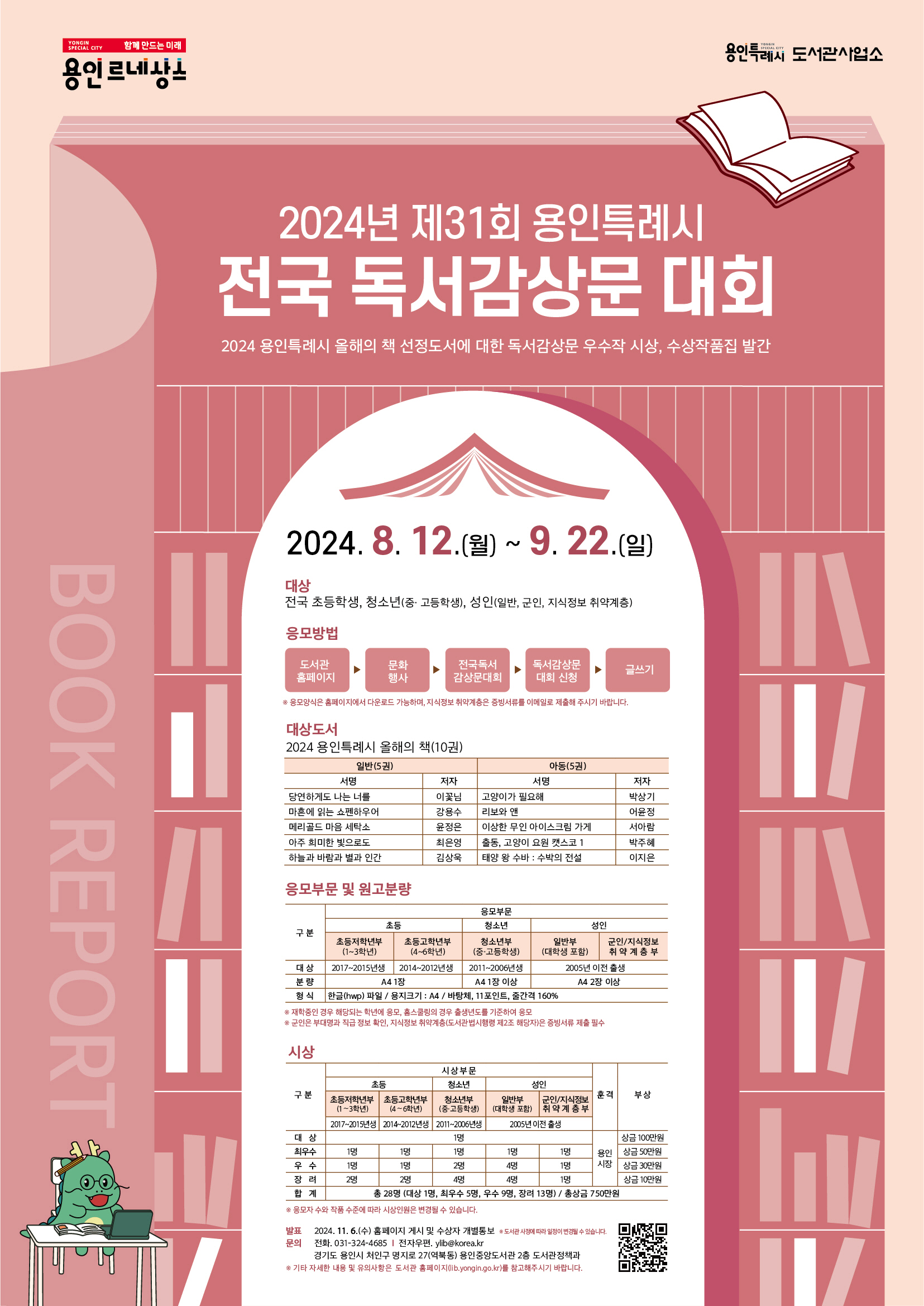 YONGIN SPECIAL CITY 함께 만드는 미래 용인 르네상스 BOOK REPORT 용인특례시 도서관사업소 2024년 제31회 용인특례시 전국 독서감상문 대회 2024 용인특례시 올해의 책 선정도서에 대한 독서감상문 우수작 시상, 수상작품집 발간  2024.8.12.월 ~ 9. 22.일 대상 전국 초등학생, 청소년 중, 고등학생, 성인 일반, 군인, 지식정보 취약계층 응모방법 도서관 홈페이지 문화 행사 전국독서 감상문대회 독서감상문 대회 신청 글쓰기 응모양식은 홈페이지에서 다운로드 가능하며, 지식정보 취약계층은 증빙서류를 이메일로 제출해 주시기 바랍니다. 대상도서 2024 용인특례시 올해의 책 10권 일반5권 서명 저자 당연하게도 나는 너를 이꽃님 마흔에 읽는 쇼펜하우어 강용수 메리골드 마음 세탁소 윤정은 아주 희미한 빛으로도 최은영 하늘과 바람과 별과 인간 김상욱 아동 5권 서명 저자 고양이가 필요해 박상기 리보와 앤 어윤정 이상한 무인 아이스크림 가게 서아람 출동, 고양이 요원 캣스코 1 박주혜 태양왕 수바 : 수박의 전설 이지은  응모부문 및 원고분량 구분 초등 초등저학년부 1~3학년 대상 2017~2015년생 분량 A4 1장 초등고학년부 4~6학년 대상 2014~2012년생  분량 A4 1장 청소년 청소년부 중·고등학생 대상 2011~2006년생 A4 1장 이상 분량 성인 일반부 대학생 포함 군인/지식정보 취약계층부 대상 2005년 이전 출생 분량 A4 2장 이상 A4 1장 이상 형식 한글(hwp)파일 용지크기: A4 바탕체, 11포인트, 줄간격 160% ※재학중인 경우 해당되는 학년에 응모, 홈스쿨링의 경우 출생년도를 기준하여 응모 군인은 부대명과 직급 정보 확인, 지식정보 취약계층도서관법시행령 제2조 해당자 은 증빙서류 제출 필수  시상부문 구분 대상 1명 훈격 용인시장 부상 상금 100만원 최우수 초등부 초등저학년 1~3학년 1명 초등고학년 4~6학년 1명 청소년부 1명 성인부 일반 대학생 1명 군인 지식정보취약계층부 1명 훈격 용인시장 부상 상금 50만원 우수 초등부 초등저학년 1~3학년 1명 초등고학년 4~6학년 1명 청소년부 2명 일반 대학생 4명 군인 지식정보취약계층부 1명 훈격 용인시장 부상 상금 30만원 장려 초등부 초등저학년 1~3학년 2명 초등고학년 4~6학년 2명 청소년부 4명 일반 대학생 4명 군인 지식정보취약계층부 1명 훈격 용인시장 부상 상금 10만원 총 28명 대상 1명, 최우수 5명, 우수 9명, 장려 13명 총상금 750만원 응모자 수와 작품 수준에 따라 시상인원은 변경될 수 있습니다. 발표 2024. 11. 6.수 홈페이지 게시 및 수상자 개별통보 도서관 사정에 따라 일정이 변경될 수 있습니다. 문의 전화. 031-324-4685 전자우편 ylib@korea.kr 경기도 용인시 처인구 명지로 27 역북동 용인중앙도서관 2층 도서관정책과 기타 자세한 내용 및 유의사항은 도서관 홈페이지 lib.yongin.go.kr를 참고해주시기 바랍니다.