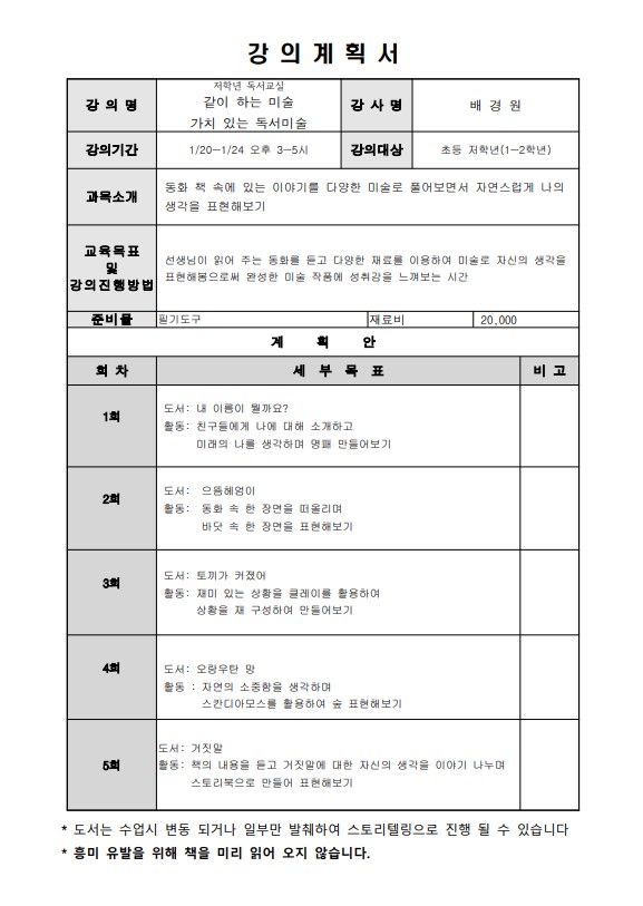 강의계획서 강의명 저학년 독서교실 같이하는 미술 가치있는 독서미술 강사명 배경원 강의기간 1/20~ 1/24 오후 3-5시 강의대상 초등 저학년 1-2학년 과목소개 동화 책 속에있는 이야기를 다양한 미술로 풀어보면서 자연스럽게 나의 생각을 표현해보기 교육목표 및 강의진행방법 선생님이 읽어 주는 동화를 듣고 다양한 재료를 이용하여 미술로 자신의 생각을 표현해봄으로써 완성한 미술 작품에 성취감을 느껴보는 시간 준비물 필기도구 재료비 20,000원 계획안 회차 세부목표 비고 1회 도서 : 내이름이 뭘까요? 활동 친구들에게 나에 대해 소개하고 미래의 나를 생각하며 명패 만들어보기 2회 도서 으뜸헤엄이 활동 동화 속 한 장면을 떠올리며 바닷 속 한 장면을 표현해보기 3회 도서 토끼가 커졌어 활동 재미 있는 상황을 클레이를 활용하여 상황을 재 구성하여 만들어보기 4회 도서 오랑우탄 망 활동 자연의 소중함을 생각하며 스칸디아모스를 활용하여 숲 표현해보기 5회 도서 거짓말 활동 책의 내용을 듣고 거짓말에 대한 자신의 생각을 이야기 나누며 스토리북으로 만들어 표현해보기 도서는 수업 시 변동되거나 일부만 발췌하여 스토리텔링으로 진행 될 수 있습니다. 흥미 유발을 위해 책을 미리 읽어오지 않습니다.
