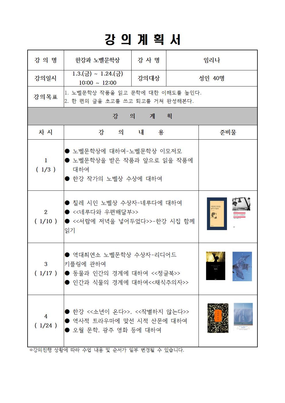  강의계획서 강의명 한강과 노벨문학상 강사명 임리나 강의일시 1.3.금 ~ 1.24.금 10:00 ~ 12:00 강의대상 성인 40명 강의목표 1. 노벨문학상 작품을 읽고 문학에 대한 이해도를 높인다. 2. 한 편의 글을 초고를 쓰고 퇴고를 거쳐 완성해본다. 강 의 계 획 차시 강 의 내 용 준비물 1 1/3  노벨문학상에 대하여-노벨문학상 이모저모 노벨문학상을 받은 작품과 앞으로 읽을 작품에 대하여 한강 작가의 노벨상 수상에 대하여 2 1/10 칠레 시인 노벨상 수상자-네루다에 대하여 네루다와 우편배달부 서랍에 저녁을 넣어두었다 한강 시집 함께 읽기 3 1/17 역대최연소 노벨문학상 수상자-리디어드 키플링에 관하여 동물과 인간의 경계에 대하여 정글북 인간과 식물의 경계에 대하여채식주의자 한강 소년이 온다, 작별하지 않는다 4 1/24  역사적 트라우마에 맞선 시적 산문에 대하여 오월 문학, 광주 영화 등에 대하여 강의진행 상황에 따라 수업 내용 및 순서가 일부 변경될 수 있습니다.