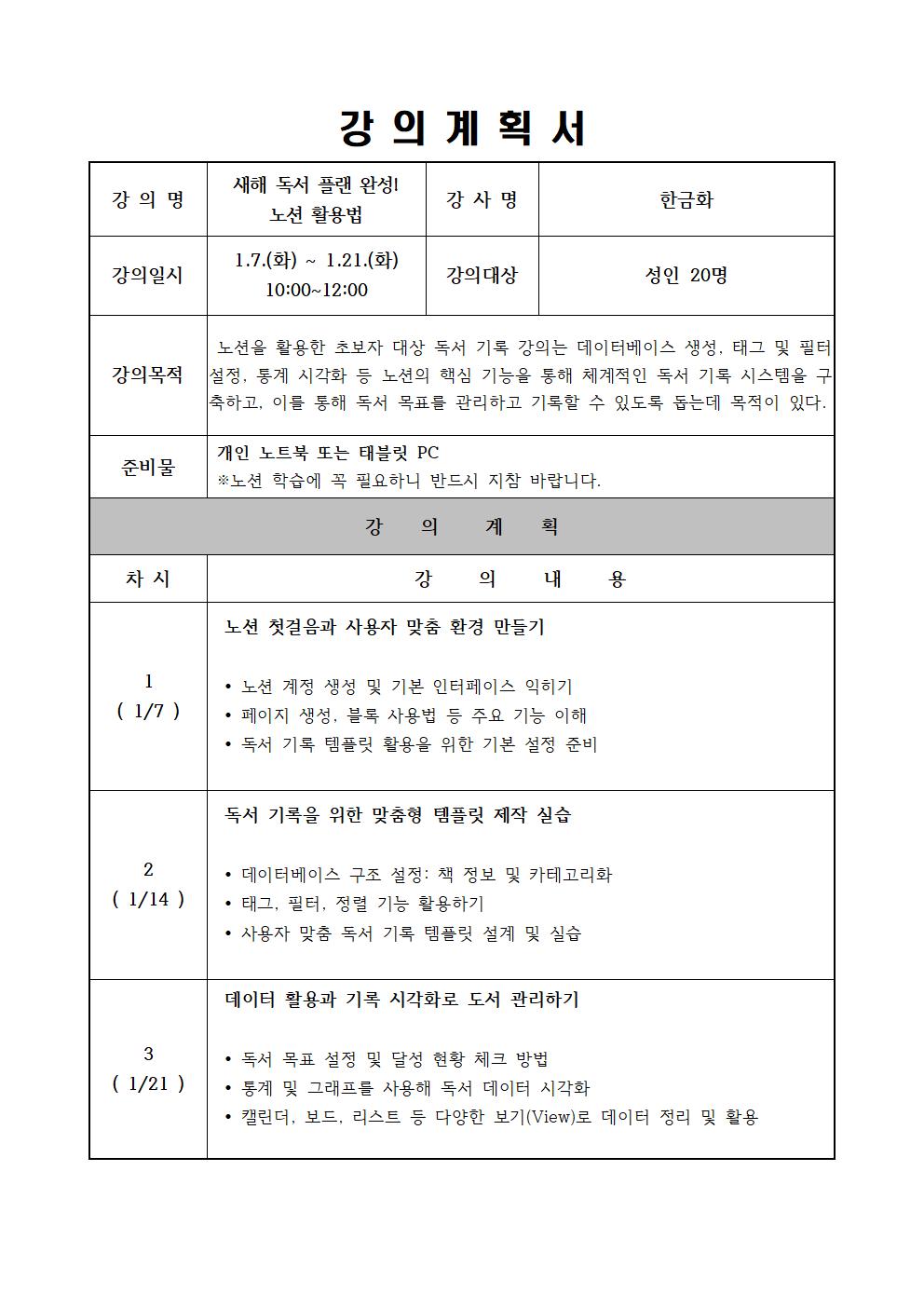  강의계획서  강의명 새해 독서 플랜 완성! 노선 활용법 강사명 한금화 강의일시 1.7.화 ~ 1.21.화 10:00~12:00 강의대상 성인 20명 강의목적 노션을 활용한 초보자 대상 독서 기록 강의는 데이터베이스 생성, 태그 및 필터 설정, 통계 시각화 등 노선의 핵심 기능을 통해  체계적인 독서 기록 시스템을 구 축하고, 이를 통해 독서 목표를 관리하고 기록할 수 있도록 돕는데 목적이 있다. 준비물 개인 노트북 또는 태블릿 PC 노션 학습에 꼭 필요하니 반드시 지참 바랍니다. 강 의 계 획 차시 강 의 내 용 1 1/7 노션 첫걸음과 사용자 맞춤 환경 만들기 노션 계정 생성 및 기본 인터페이스 익히기 페이지 생성, 블록 사용법 등 주요 기능 이해 독서 기록 템플릿 활용을 위한 기본 설정 준비 2 1/14 독서 기록을 위한 맞춤형 템플릿 제작 실습 데이터베이스 구조 설정: 책 정보 및 카테고리화 태그, 필터, 정렬 기능 활용하기 사용자 맞춤 독서 기록 템플릿 설계 및 실습  3 1/21 데이터 활용과 기록 시각화로 도서 관리하기 독서 목표 설정 및 달성 현황 체크 방법 통계 및 그래프를 사용해 독서 데이터 시각화 캘린더, 보드, 리스트 등 다양한 보기 View로 데이터 정리 및 활용