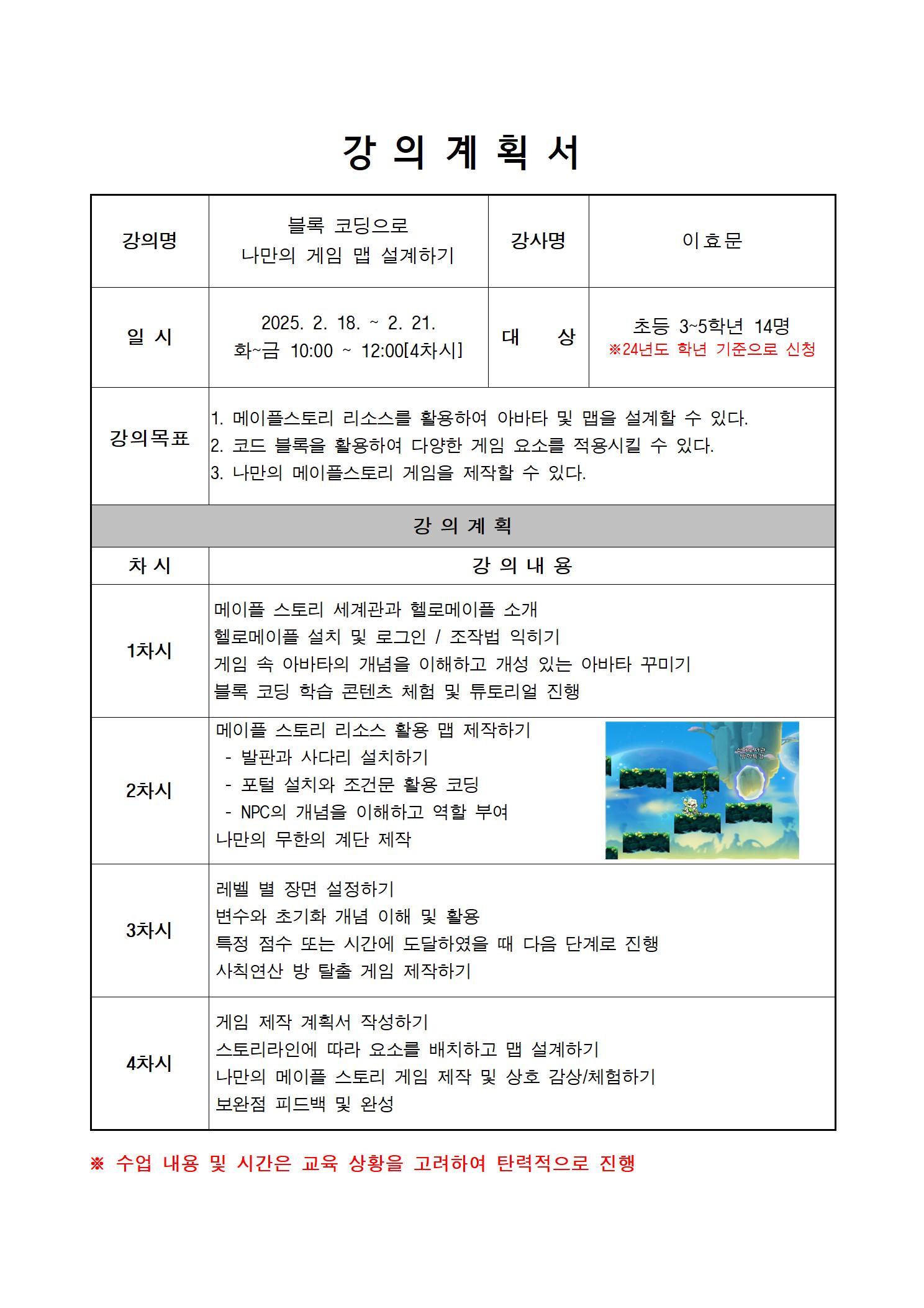 강의계획서 강의명 블록 코딩으로 나만의 게임 맵 설계하기 강사명 이효문 일시 2025.2.18. ~ 2.21. 화~금 10:00~12:00 4차시 대상 초등 3~5학년 14명 24년도 학년 기준으로 신청 강의목표 1 메이플스토리 리소스를 활용하여 아바타 및 맵을 설계할 수 있다. 2 코드블록을 활용하여 다양한 게임 요소를 적용시킬 수 있다. 3 나만의 메이플스토리 게임을 제작할 수 있다. 강의계획 차시 강의내용 1차시 메이플스토리 세계관과 헬로메이플 소개 헬로메이플 설치 및 로그인 조작법 익히기 게임 속 아바타의 개념을 이해하고 개성 있는 아바타 꾸미기 블록 코딩 학습 콘텐츠 체험 및 튜토리얼 진행 2차시 메이플 스토리 리소스 활용 맵 제작하기 발판과 사다리 설치하기 포털 설치와 조건문 활용 코딩 NPC의 개념을 이해하고 역할 부여 나만의 무한의 계단 제작 3차시 레벨 별 장면 설정하기 변수와 초기화 개념 이해 및 활용 특정 점수 또는 시간에 도달하였을 때 다음단계로 진행 사칙연산 방탈출 게임 제작하기 4차시 게임 제작 계획서 작성하기 스토리라인에 따라 요소를 배치하고 맵 설계하기 나만의 메이플 스토리 게임 제작 및 상호 감상/체험하기 보완점 피드백 및 완성 수업내용및 시간은 교육 상황을 고려하여 탄력적으로 진행