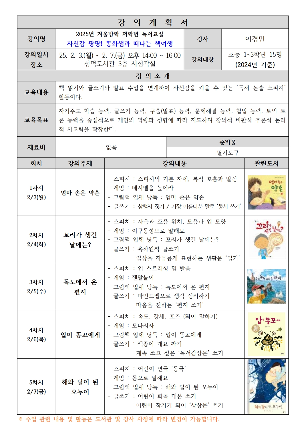 강의계획서 강의명 2025년 겨울방학 저학년 독서교실 자신감 팡팡! 똥화샘과 떠나는 책여행 강사 이경민 강의일시 25. 2. 3.(월) ~ 2. 7.(금) 오후 14:00 ~16:00  장소 청덕도서관 3층 시청각실 강의대상 초등 1~3학년 15명 2024년 기준 강의소개 교육내용 책 읽기와 글쓰기와 발표 수업을 연계하여 자신감을 키울 수 있는 독서 논술 스피치 활동이다. 교육목표 자기주도 학습 능력, 글쓰기 능력, 구술(발표) 능력, 문제해결 능력, 협업 능력, 토의 토 론 능력을 중심적으로 개인의 역량과 성향에 따라 지도하며 창의적 비판적 추론적 논리 적 사고력을 확장한다. 재료비 없음 준비물 필기도구 회차 강의주제 강의내용 관련도서 1차시 2/3 월 엄마 손은 약손 스피치 : 스피치의 기본 자세, 복식 호흡과 발성  게임 : 데시벨을 높여라 그림책 입체 낭독: 엄마 손은 약손 글쓰기 : 삼행시 짓기 가장 아름다운 말로 동시 쓰기 엄마손은 약손 2차시 2/4 화 꼬리가, 생긴 날에는? 스피치 : 자음과 조음 위치, 모음과 입 모양  게임 : 이구동성으로 말해요 그림책 입체 낭독 : 꼬리가 생긴 날에는? 글쓰기 : 육하원칙 글쓰기 일상을 자유롭게 표현하는 생활문 일기 꼬리가 생긴 날에는? 3차시 2/5수 독도에서온편지 스피치: 입 스트레칭 및 발음 게임: 잰말놀이 그림책 입체 낭독: 독도에서 온 편지  글쓰기 : 마인드맵으로 생각 정리하기 마음을 전하는 편지 쓰기 우리 독도에서 온 편지 4차시 2/6 목 입이 똥꼬에게 스피치 : 속도, 강세, 포즈 띄어 말하기  게임 : 모나리자 그림책 입체 낭독: 입이 똥꼬에게 글쓰기: 색종이 개요 짜기 계속 쓰고 싶은 독서감상문 쓰기 입이 똥꼬에게 5차시 2/7금 해와 달이 된 오누이 스피치 : 어린이 연극 동극 게임 : 몸으로 말해요 그림책 입체 낭독 : 해와 달이 된 오누이 글쓰기: 어린이 희곡 대본 쓰기 어린이 작가가 되어 상상문 쓰기 해와달이된오누이 수업 관련 내용 및 활동은 도서관 및 강사 사정에 따라 변경이 가능합니다.