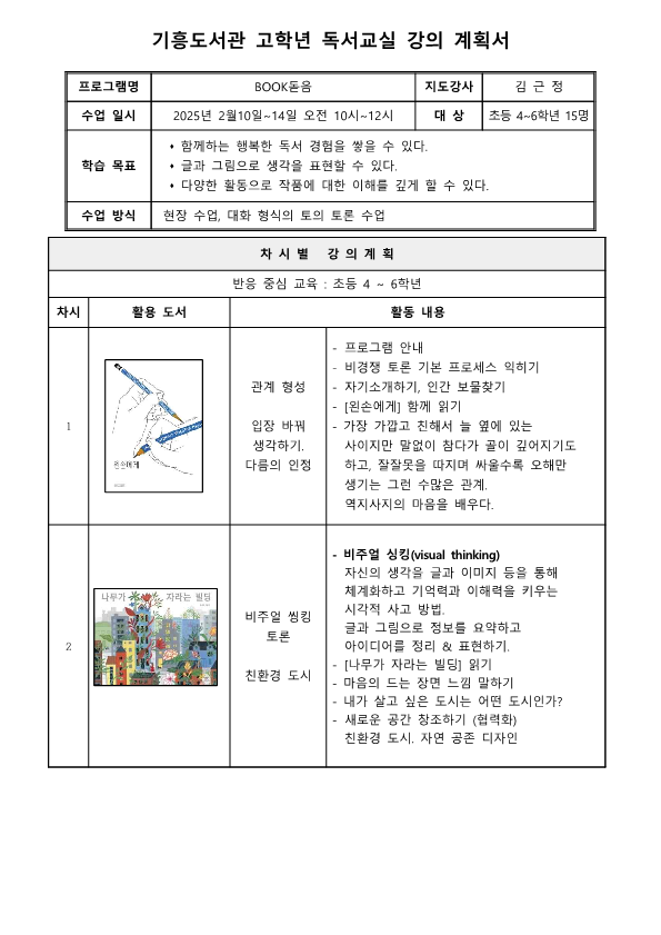 기흥도서관 고학년 독서교실 강의 계획서 프로그램명 BOOK돋음 지도강사 김근정 수업 일시 2025년 2월10일~14일 오전 10시~12시 대상 초등 4~6학년 15명 학습 목표 함께하는 행복한 독서 경험을 쌓을 수 있다. 글과 그림으로 생각을 표현할 수 있다. 다양한 활동으로 작품에 대한 이해를 깊게 할 수 있다. 수업 방식 현장 수업, 대화 형식의 토의 토론 수업 차시별 강의계획 반응 중심 교육: 초등 4 6학년 차시 활용 도서 활동 내용 1 왼손에게 관계 형성 입장 바꿔 생각하기. 다름의 인정 프로그램 안내 비경쟁 토론 기본 프로세스 익히기 자기소개하기, 인간 보물찾기 왼손에게 함께 읽기 가장 가깝고 친해서 늘 옆에 있는 사이지만 말없이 참다가 골이 깊어지기도 하고, 잘잘못을 따지며 싸울수록 오해만 생기는 그런 수많은 관계.  역지사지의 마음을 배우다.  2 나무가 자라는 빌딩 비주얼 씽킹 토론 친환경 도시 비주얼 싱킹visual thinking 자신의 생각을 글과 이미지 등을 통해 체계화하고 기억력과 이해력을 키우는 시각적 사고 방법. 글과 그림으로 정보를 요약하고 아이디어를 정리 & 표현하기. 나무가 자라는 빌딩 읽기 마음의 드는 장면 느낌 말하기 내가 살고 싶은 도시는 어떤 도시인가? 새로운 공간 창조하기 협력화 친환경 도시. 자연 공존 디자인