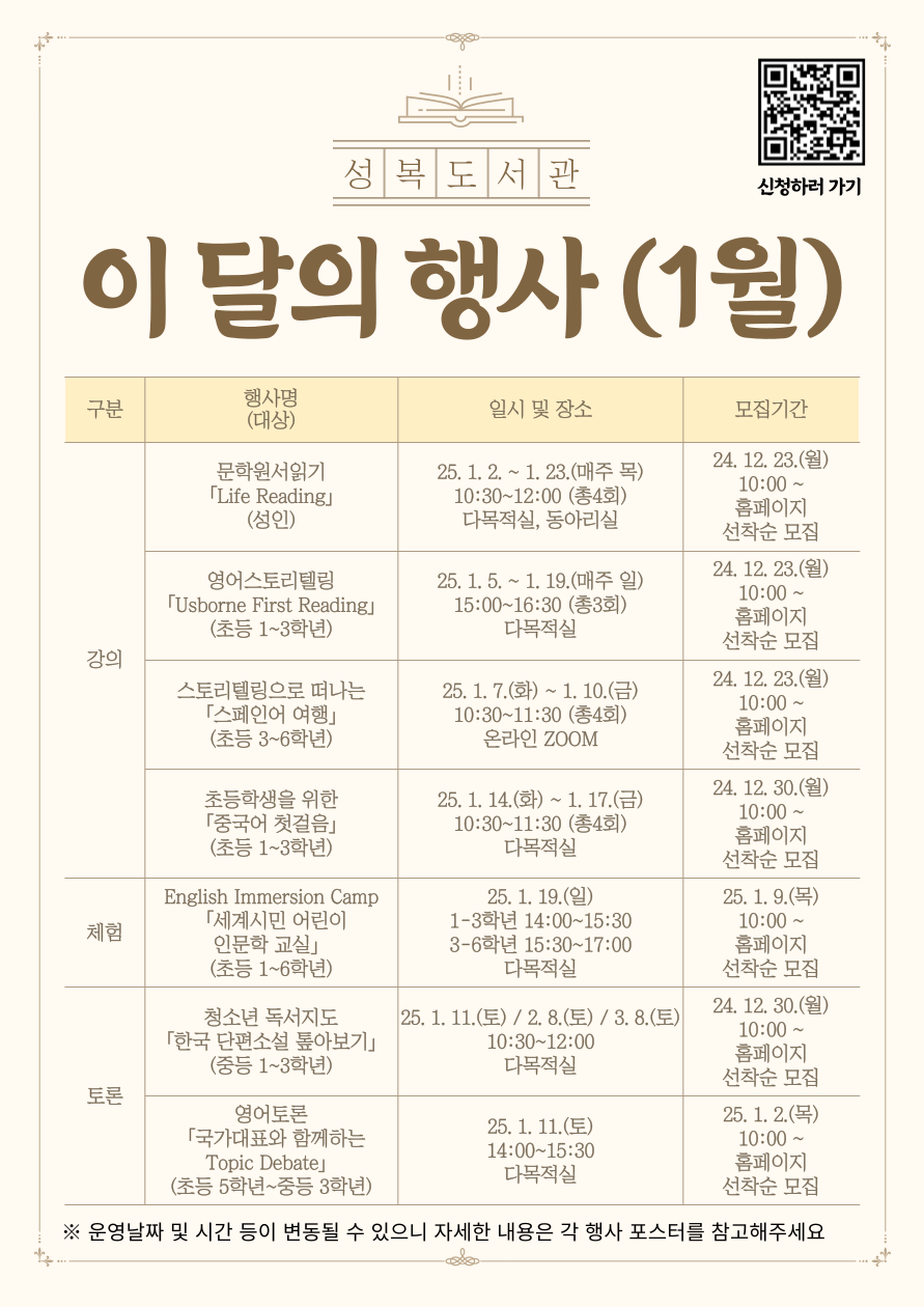 성복도서관 이달의 행사 1월 신청하러가기 구분 강의 행사명 대상 문학원서 읽기 Life Reading 성인 일시및장소 25.1.2. ~ 1.23. 매주 목 10:30~12:00 총4회 다목적실 동아리실 모집기간 24.12.23.월 10:00 ~ 홈페이지 선착순 모집 행사명 대상 영어스토리텔링 Usborne First Reading 초등 1~3학년 일시및장소 25.1.5. ~ 1.19. 매주 일 15:00 ~ 16:30 총3회 다목적실 모집기간 24.12.23.월 10:00 ~ 홈페이지 선착순 모집 행사명 대상 스토리텔링으로 떠나는 스페인어 여행 초등 3~6학년 일시및장소 25.1.7.화 ~ 1.10.금 10:30~11:30 총 4회 온라인zoom 모집기간 24.12.23.월 10:00 ~ 홈페이지 선착순 모집 행사명 대상 초등학생을 위한 중국어 첫걸음 초등 1~3학년 일시및장소 25.1.14.화 ~ 1.17.금 10:30 ~ 11:30 총4회 다목적실 모집기간 24.12.30.월 10:00~홈페이지 선착순 모집 구분 체험 English Immersion Camp 세계시민 어린이 인문학 교실 초등 1~6학년 일시 및 장소  25.1.19.일 1-3학년 14:00 ~ 15:30 3-6학년 15:30 ~ 17:30 다목적실 모집기간 25.1.9. 목 10:00 ~ 홈페이지 선착순 모집 구분 토론 행사명 대상 청소년 독서지도 한국 단편소설 톺아보기 중등 1~3학년 일시및장소 25.1.11.토 2.8.토 3.8.토 10:30~12:00 다목적실 모집기간 24.12.30.월 10:00 ~ 홈페이지 선착순 모집 행사명 대상 영어토론 국가대표와 함께하는 Topic Debate 초등 5학년 ~ 중등 3학년 25.1.11.토 14:00 ~ 15:30 다목적실 모집기간 25.1.2.목 10:00 ~ 홈페이지 선착순 모집 운영날짜 및 시간 등이 변동될 수 있으니 자세한 내용은 각 행사 포스터를 참고해주세요 