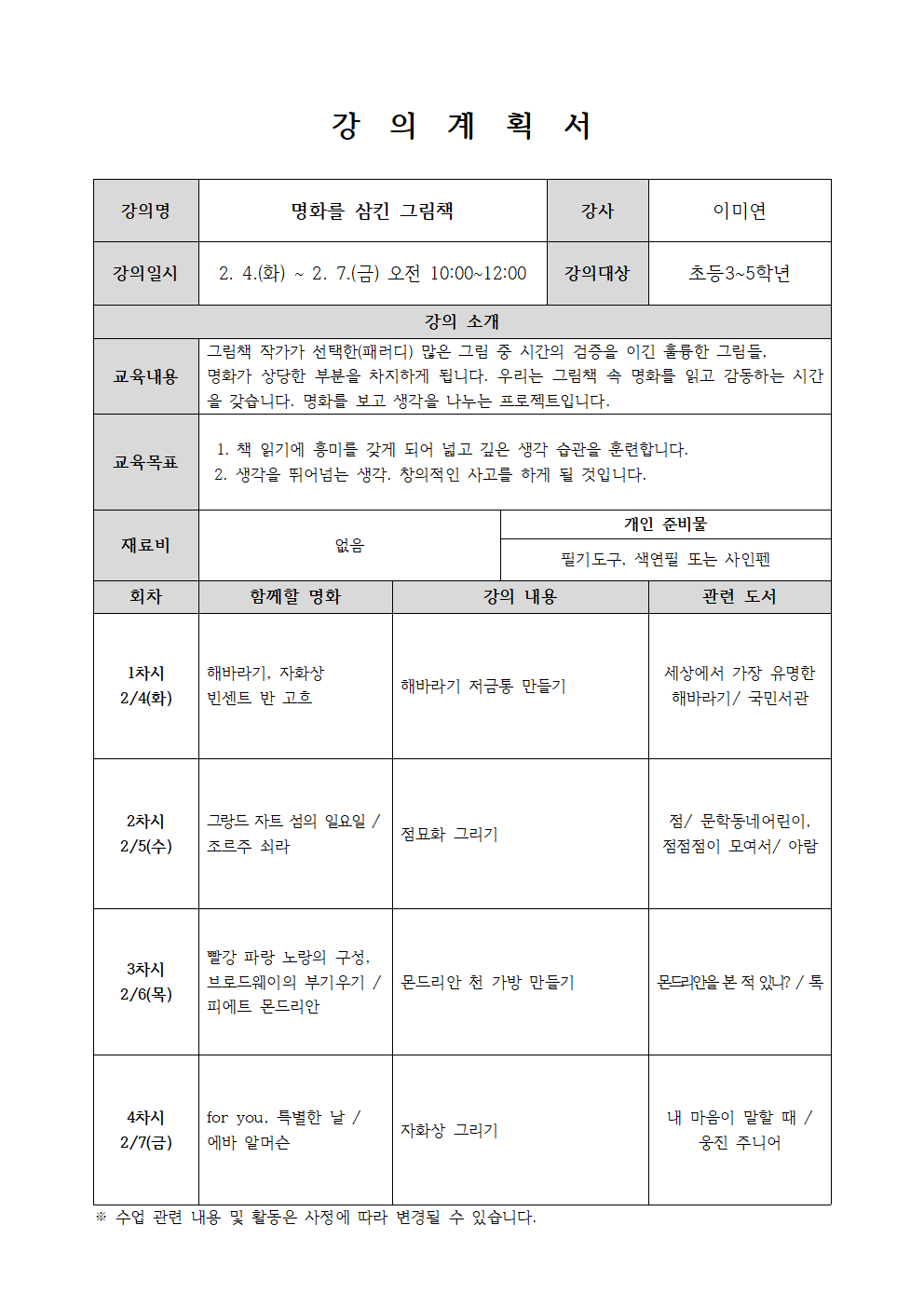 강의계획서 강의명 명화를 삼킨 그림책 강사 이미연 강의일시 2. 4. 화 ~ 2. 7. 금 오전 10:00~12:00 강의대상 초등3~5학년 강의 소개 교육내용 그림책 작가가 선택한 패러디 많은 그림 중 시간의 검증을 이긴 훌륭한 그림들, 명화가 상당한 부분을 차지하게 됩니다.  우리는 그림책 속 명화를 읽고 감동하는 시간 을 갖습니다. 명화를 보고 생각을 나누는 프로젝트입니다. 교육목표 1. 책 읽기에 흥미를 갖게 되어 넓고 깊은 생각 습관을 훈련합니다. 2. 생각을 뛰어넘는 생각. 창의적인 사고를 하게 될 것입니다. 재료비 없음 개인 준비물 필기도구, 색연필 또는 사인펜 회차 함께할 명화 강의 내용 관련 도서  1차시 2/4 화 해바라기, 자화상 빈센트 반 고흐 해바라기 저금통 만들기 세상에서 가장 유명한 해바라기 국민서관  2차시 2/5 수 그랑드 자트 섬의 일요일 조르주 쇠라 점묘화 그리기 점 문학동네어린이, 점점점이 모여서 아람  3차시 2/6 목 빨강 파랑 노랑의 구성, 브로드웨이의 부기우기 피에트 몬드리안 몬드리안 천 가방 만들기  몬드리안을 본 적 있니?  톡  4차시 2/7 금 for you, 특별한 날 에바 알머슨 자화상 그리기 내 마음이 말할 때 웅진주니어  수업 관련 내용 및 활동은 사정에 따라 변경될 수 있습니다.