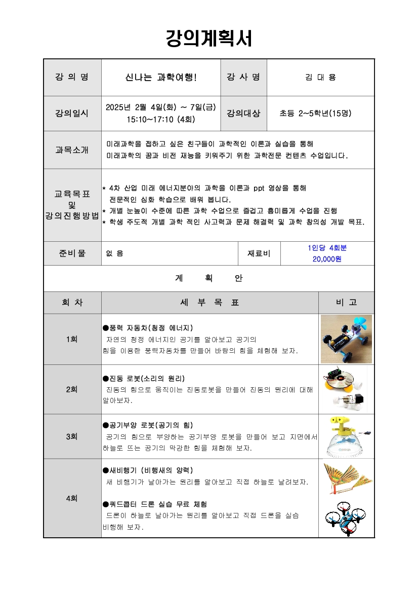 강의계획서 강의명 신나는 과학여행! 강사명 김대용 강의일시 2025년 2월 4일 화 ~ 7일 금 15:10~17:10 4회 강의대상 초등 2~5학년 15명 과목소개 미래과학을 접하고 싶은 친구들이 과학적인 이론과 실습을 통해 미래과학의 꿈과 비전 재능을 키워주기 위한 과학전문 컨텐츠 수업입니다.  교육목표 및 강의진행방법 4차 산업 미래 에너지분야의 과학을 이론과 ppt 영상을 통해 전문적인 심화 학습으로 배워 봅니다. 개별 눈높이 수준에 따른 과학 수업으로 즐겁고 흥미롭게 수업을 진행 학생 주도적 개별 과학적인 사고력과 문제 해결력 및 과학 창의성 개발 목표.  준비물 없음 재료비 1인당 4회분 20,000원 회차 계획안 세부목표 비고 1회 풍력 자동차 청정 에너지 자연의 청정 에너지인 공기를 알아보고 공기의 힘을 이용한 풍력자동차를 만들어 바람의 힘을 체험해 보자. 2회 진동 로봇 소리의 원리 진동의 힘으로 움직이는 진동로봇을 만들어 진동의 원리에 대해 알아보자. 3회 공기부양 로봇 공기의 힘 공기의 힘으로 부양하는 공기부양 로봇을 만들어 보고 지면에서 하늘로 뜨는 공기의 막강한 힘을 체험해 보자. 4회 새비행기 비행새의 양력 새 비행기가 날아가는 원리를 알아보고 직접 하늘로 날려보자. 쿼드콥터 드론 실습 무료 체험 드론이 하늘로 날아가는 원리를 알아보고 직접 드론을 실습 비행해 보자.