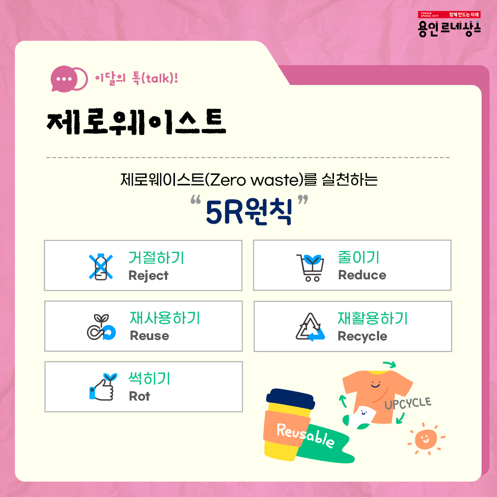 함께만드는 미래
용인르네상스
이달의 talk!
제로웨이스트
제로웨이스트 Zero waste를 실천하는 5R 원칙
거절하기 Reject
줄이기 Reduce
재사용하기 Reuse
재활용하기 Recycle
썩히기 Rot

Reusable
UPCYCLE