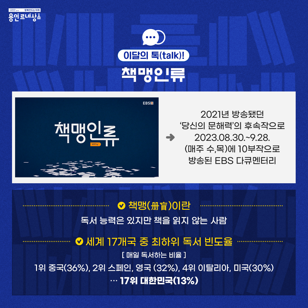 함께만드는 미래 용인르네상스
이달의 톡 talk!
책맹인류
책맹인류 2021년 방송됐던 당신의 문해력의 후속작으로 2023.8.30 부터 9.28 까지 매주 수, 목에 10부작으로 방송된 ebs 다큐멘터리
책맹 冊盲 이란
독서 능력은 있지만 책을 읽지 않는 사람
세계 17개국 중 최하위 독서 빈도율
매일 독서하는 비율
1위 중국 36% 2위 스페인 영국 32% 4위 이탈리아 미국 30% ... 17위 대한민국 13%