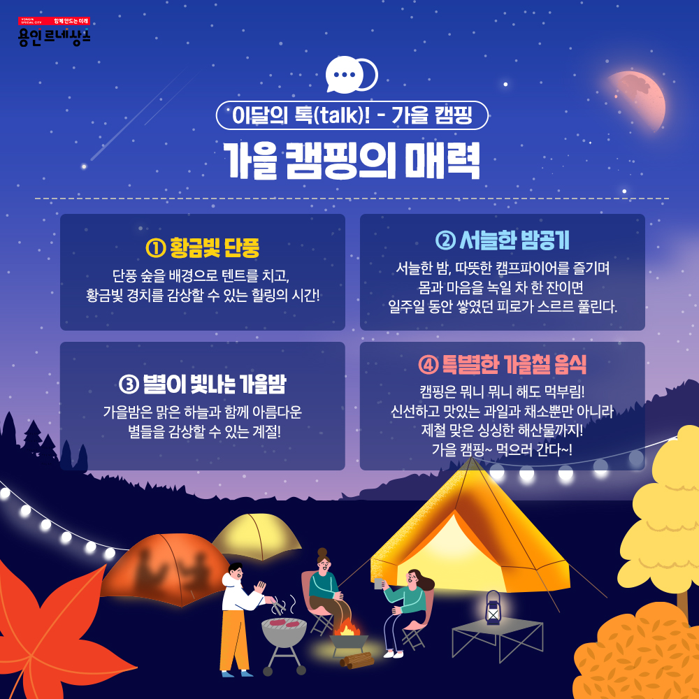 함께만드는 미래 용인르네상스
이달의 톡talk! 가을 캠핑
가을 캠핑의 매력
1 황금빛 단풍
단풍 숲을 배경으로 텐트를 치고, 황금빛 경치를 감상할 수 있는 힐링의 시간!
2 서늘한 밤공기
서늘한 밤, 따뜻한 캠프파이어를 즐기며 몸과 마음을 녹일 차 한 잔 이면 일주일 동안 쌓였던 피로가 스르르 풀린다.
3 별이 빛나는 가을밤
가을밤은 맑은 하늘과 함께 아름다운 별들을 감상할 수 있는 계절!
4 특별한 가을철 음식
캠핑은 뭐니 뭐니 해도 먹부림!
신선하고 맛있는 과일과 채소뿐만 아니라 제철 맞은 싱싱한 해산물까지!
가을 캠핑~ 먹으러 간다~!