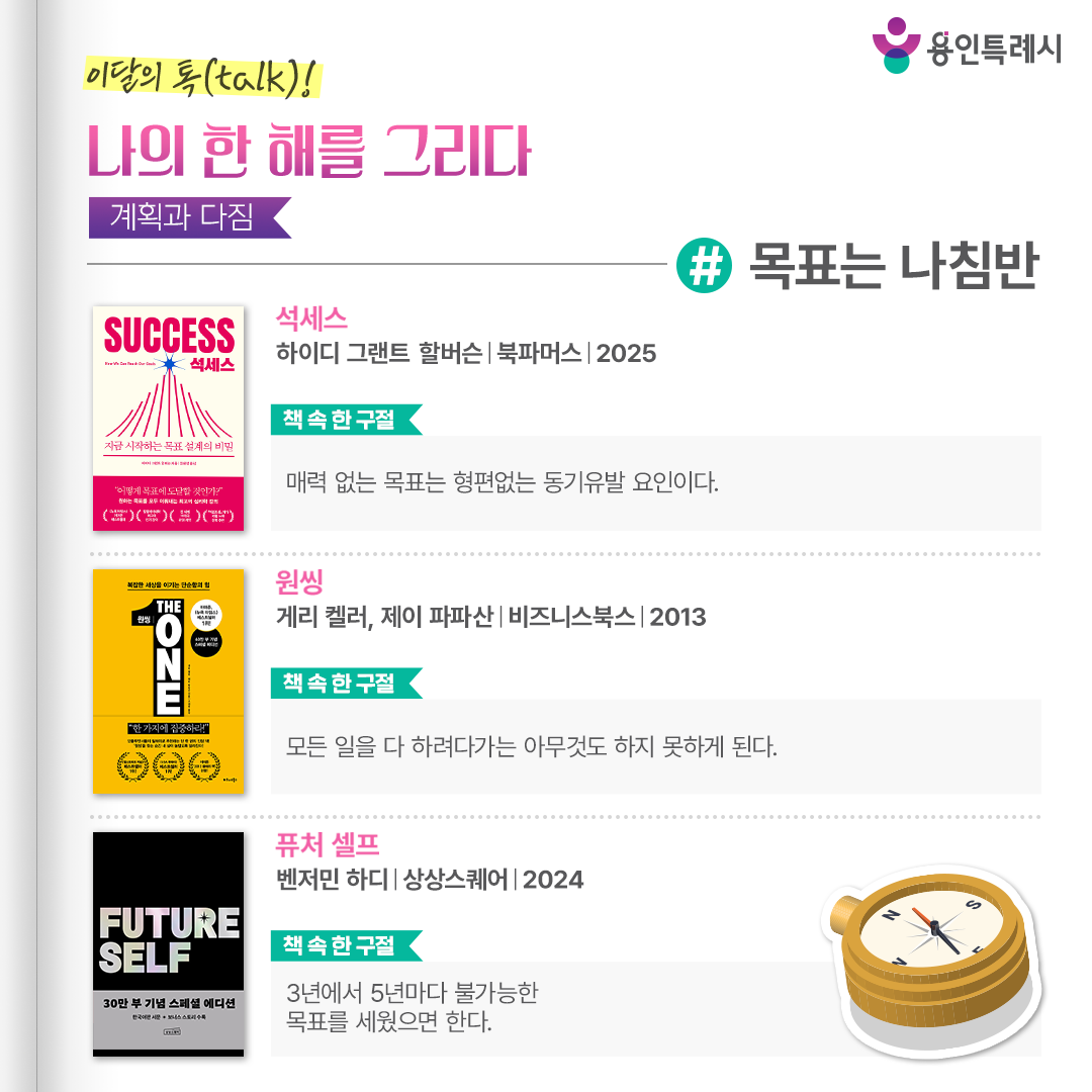 목표는 나침반

「석세스」
“매력 없는 목표는 형편없는 동기유발 요인이다.” 
지금의 자신을 바꾸고 싶은 이들에게 자신에게 맞는 목표를 세우고, 그 목표를 실현하기 위한 전략을 설계하며, 장애물을 넘어 지속력을 유지하는 법 세 단계로 안내한다.


「원씽」
“모든 일을 다 하려다가는 아무것도 하지 못하게 된다.”
누구나 자신만의 ‘원씽’을 찾을 수 있도록 도와주며 미래의 청사진을 그리고 계획을 세우는 방법과 반드시 목표를 이룰 수 있는 노하우를 전해준다.


「퓨처 셀프」
“3년에서 5년마다 불가능한 목표를 세웠으면 한다.”
미래에 내가 되고 싶은 모습, ‘퓨처 셀프’와 연결지어 미래를 목표한 방향으로 이끄는 실용적인 전략을 공유한다.