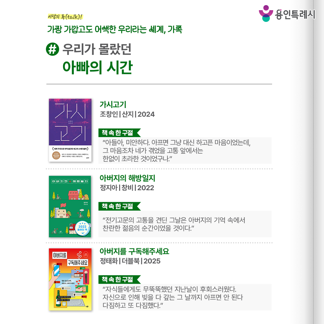#우리가 몰랐던 아빠의 시간

「가시고기」
“아들아, 미안하다. 아프면 그냥 대신 하고픈 마음이었는데, 그 마음조차 네가 겪었을 고통 앞에서는 한없이 초라한 것이었구나.” 
아들을 살릴 수만 있다면 자신의 몸은 뜯어 먹혀도 좋은 가시고기 같은 아버지의 숭고한 사랑이 담겼다.


「아버지의 해방일지」
“전기고문의 고통을 견딘 그날은 아버지의 기억 속에서 찬란한 젊음의 순간이었을 것이다.”
아버지가 겪어온 역사의 순간들을 통해 강인한 인생을 보여주며 그 속에서 아버지가 ‘자식’들을 사랑했던 순간순간들을 통해 온기를 전한다.


「아버지를 구독해주세요」
“자식들에게도 무뚝뚝했던 지난날이 후회스러웠다. 자신으로 인해 빚을 다 갚는 그 날까지 아프면 안 된다 다짐하고 또 다짐했다.”
아버지를 ‘유튜브 스타’로 만들기 위해 시작된 한 가족의 좌충우돌 유튜브 도전기 속 가족들이 서로의 마음을 다시 알아가는 시간을 그렸다.