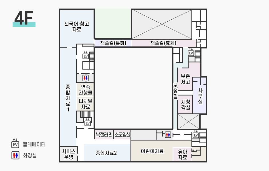 엘리베이터를 기준으로 뒤쪽으로는 남자/여자 화장실이 나란히 있고, 남자화장실 그 옆으로 노트북실, 노트북실 옆에는 열람실, 노트북코너가 있다